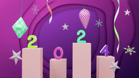 Animation-of-christmas-decorations-and-year-2024-on-purple-background