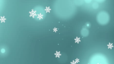 Animation-of-snowflakes-falling-against-spots-of-light-on-blue-background-with-copy-space