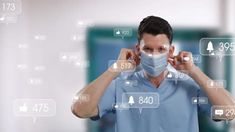 Animation-of-social-media-icons-on-portrait-of-male-health-worker-wearing-surgical-mask-at-hospital