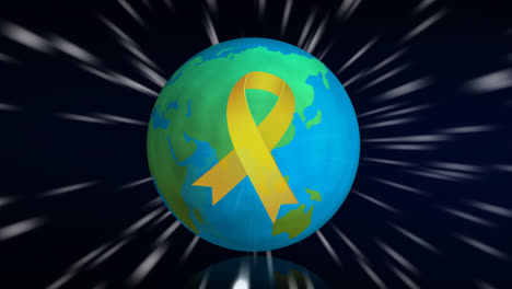 Animation-of-yellow-ribbon-over-spinning-globe-and-rays-on-blue-background