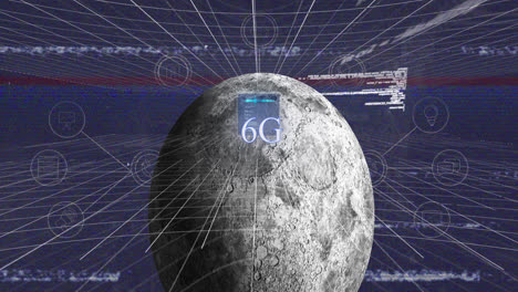 Animation-Eines-Ovalen-Planeten-Mit-Symbolen,-Programmiercode,-6G-Und-Globus,-Der-Sich-In-Einer-Schleife-Bewegt