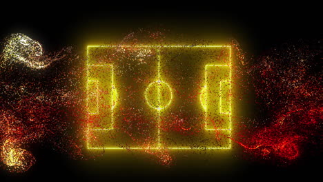 Animation-of-red-digital-wave-over-neon-yellow-soccer-field-layout-against-black-background