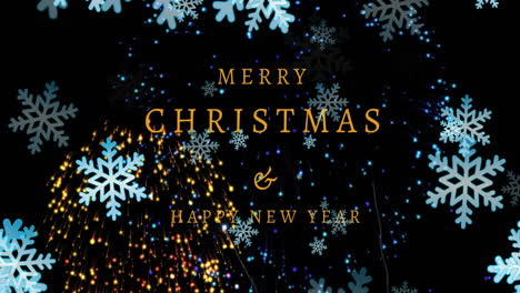 Animation-of-snowflakes-floating,-fireworks-exploding-over-merry-christmas-and-new-year-text-banner