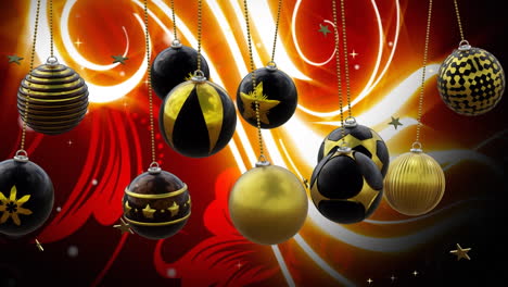 Black-and-gold-christmas-baubles-swinging-over-stars-and-glowing-white-and-red-swirls