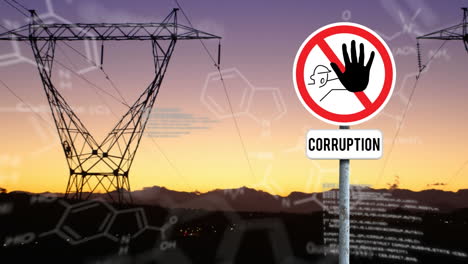Animation-of-stop-curruption-sign-board,-chemical-structures,-data-processing-against-network-towers