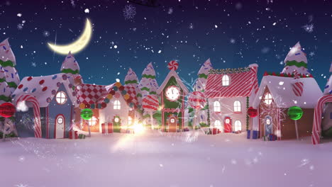 Animation-Von-Schnee,-Der-über-Ein-Fröhliches-Weihnachtstextbanner-Fällt,-Vor-Winterlandschaft-Und-Nachthimmel