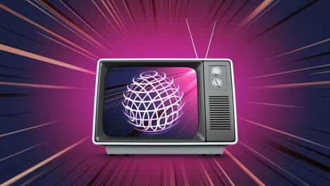 Animation-of-vintage-tv-with-globe-on-purple-background-with-lines