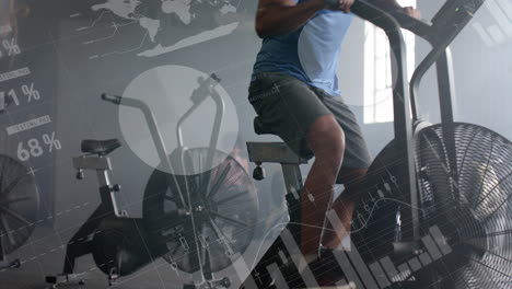 Animation-of-data-on-interface-over-african-american-man-cross-training-on-elliptical-at-gym