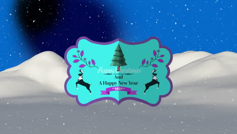 Animation-of-snow-falling-over-christmas-and-happy-new-year-text-banner-against-winter-landscape