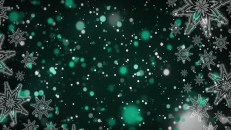Animation-of-snowflakes-and-green-spots-of-light-floating-against-black-background-with-copy-space