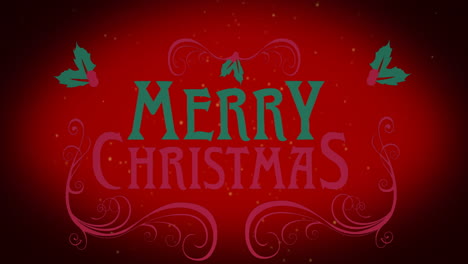 Animation-of-merry-christmas-text-in-red-and-green-with-holly-sprigs-over-red-cloud-on-black