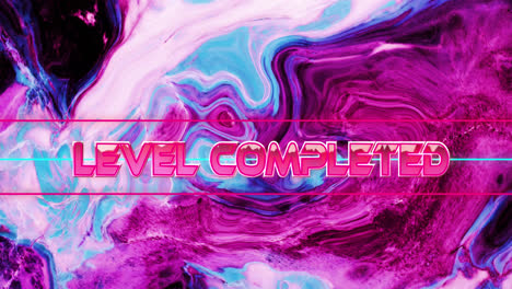 Animation-of-level-completed-text-in-metallic-pink-over-pink-and-blue-liquid-waves