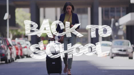 Animation-of-back-to-school-text-over-biracial-woman-with-suitcase