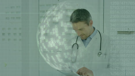 Animation-of-globe-with-binary-coding-data-processing-over-caucasian-male-doctor