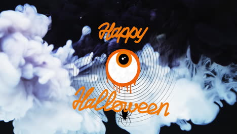 Animation-of-happy-halloween-text-and-eye-over-white-and-black-background