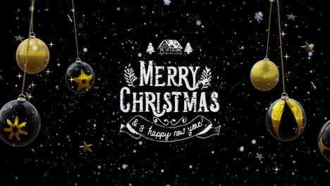 Frohe-Weihnachten-Und-Ein-Glückliches-Neues-Jahr-Text-Mit-Schwarzen-Und-Goldenen-Kugeln-Und-Schneeflocken-Auf-Schwarz
