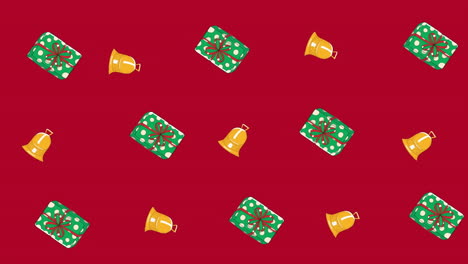 Animation-of-christmas-bells-and-gifts-icons-against-red-background