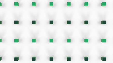 Animation-of-green-colored-three-dimensional-cubes-moving-against-white-background