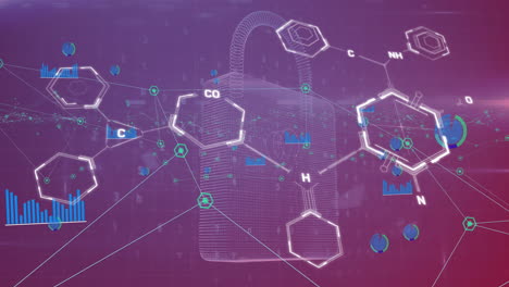 Animation-Chemischer-Strukturen,-Sicherheitsschloss-Und-Netzwerk-Digitaler-Symbole-Auf-Violettem-Hintergrund