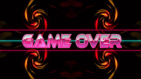 Animation-of-game-over-text-banner-over-spinning-light-trails-against-black-background