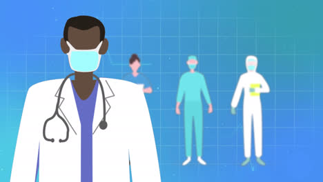 Animation-Eines-Kardiographen-Mit-Verschiedenen-Ärzten-Auf-Blauem-Hintergrund