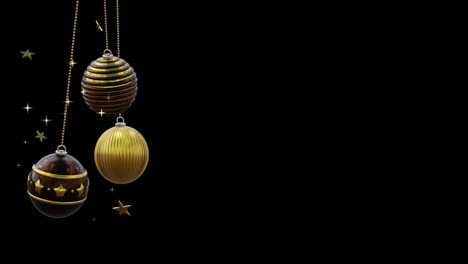 Black-and-gold-christmas-baubles-swinging-with-gold-stars-on-black-background,-copy-space