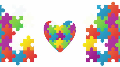 Animation-of-heart-and-multicoloured-puzzle-pieces-on-white-background