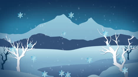 Animation-of-snowflakes-floating-over-landscape-with-trees-and-mountains