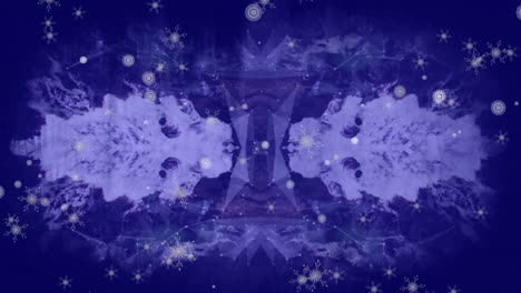 Animation-Von-Kreisen-Und-Schneeflocken-über-Abstraktem-Muster-Und-Verbundenen-Punkten-Vor-Blauem-Hintergrund