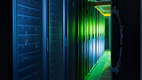 Animation-of-moving-circles-forming-tunnel-over-illuminated-server-room-in-background