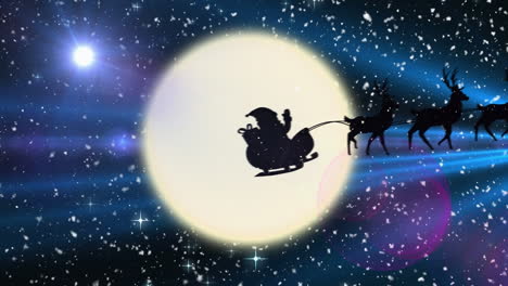Animation-of-snow-falling-over-silhouette-of-santa-claus-in-sleigh-pulled-by-reindeers-against-moon