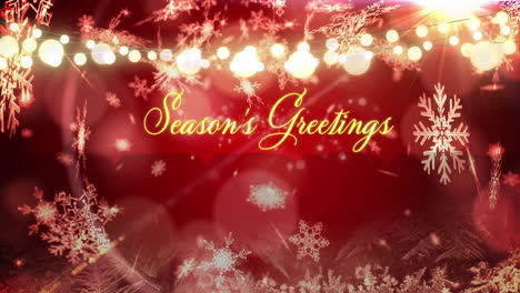 Animation-of-snowflakes-falling-on-seasons-greetings-text-over-fairy-lights-banner-on-red-background