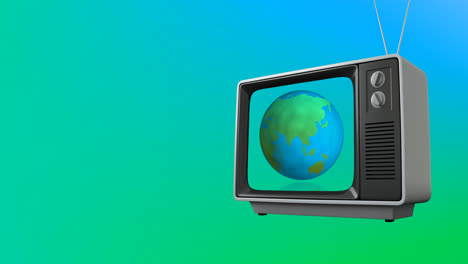 Animation-of-vintage-tv-with-globe-over-blue-and-green-background