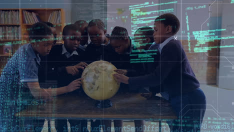Animation-of-data-processing-over-african-american-schoolchildren-spinning-globe