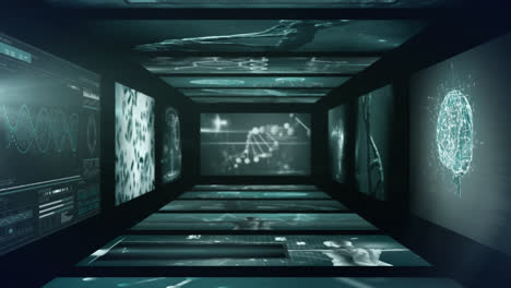 Animation-Digitaler-Bildschirme-Mit-DNA-Strängen-Und-Zellen-Auf-Schwarzem-Hintergrund