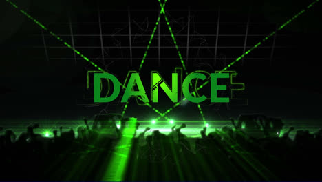Animation-of-dance-text-over-silhouettes-of-dancing-peoples-and-lasers