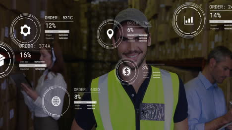 Animation-of-data-processing-against-portrait-of-caucasian-male-worker-smiling-at-warehouse