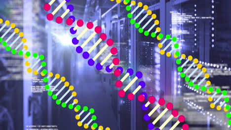Animation-of-dna-strands-spinning-and-data-processing-over-computer-servers