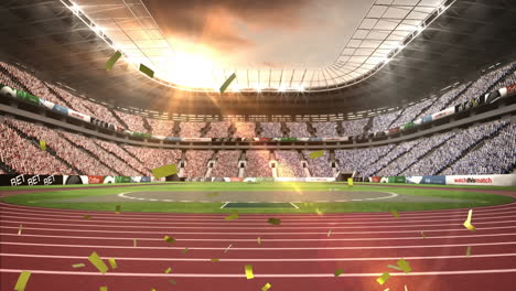 Animation-of-golden-confetti-falling-against-view-of-sports-stadium