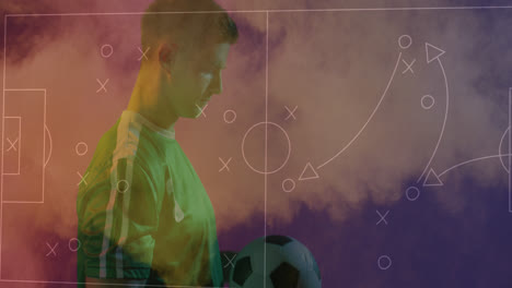 Animation-Des-Taktischen-Diagramms-Eines-Fußballspiels-über-Einem-Kaukasischen-Männlichen-Fußballspieler,-Der-Einen-Ball-Wirft