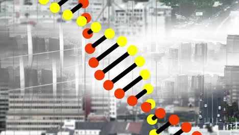 Animation-Eines-DNA-Strangs-über-Dem-Stadtbild