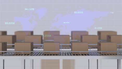 Animation-of-data-processing-and-world-map-over-boxes-on-conveyer-belt-against-grey-background
