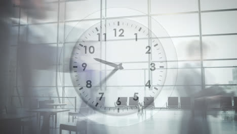Animation-of-clock-over-time-lapse-of-people-walking-against-glass-window-in-office