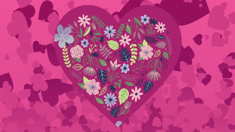 Animation-of-multiple-hearts-over-falling-flowers-on-pink-background