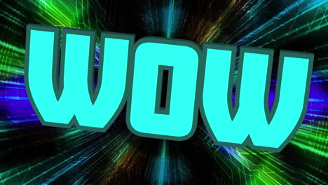 Animation-of-wow-text-in-blue-over-colourful-lights-rotating-on-black-background