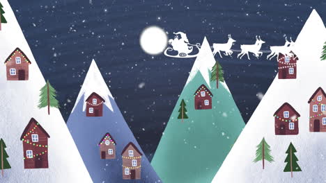 Animación-De-Nieve-Cayendo-Sobre-Santa-Claus-En-Trineo-Tirado-Por-Renos-Y-Paisaje-Invernal