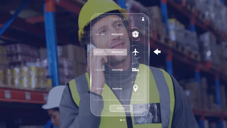 Animation-of-data-processing-against-caucasian-male-worker-talking-on-smartphone-at-warehouse
