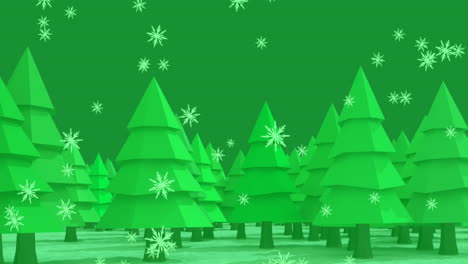 Animation-of-snowflakes-falling-over-trees-on-winter-landscape-against-green-background