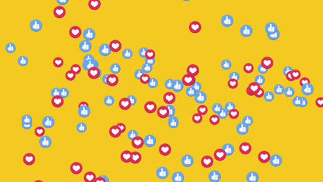 Animation-of-like-and-love-emoji-icons-flying-over-yellow-background
