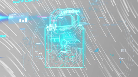 Animation-Der-Datenverarbeitung-über-Dem-Sicherheitsvorhängeschloss-Symbol-Vor-Lichtspuren-Auf-Grauem-Hintergrund